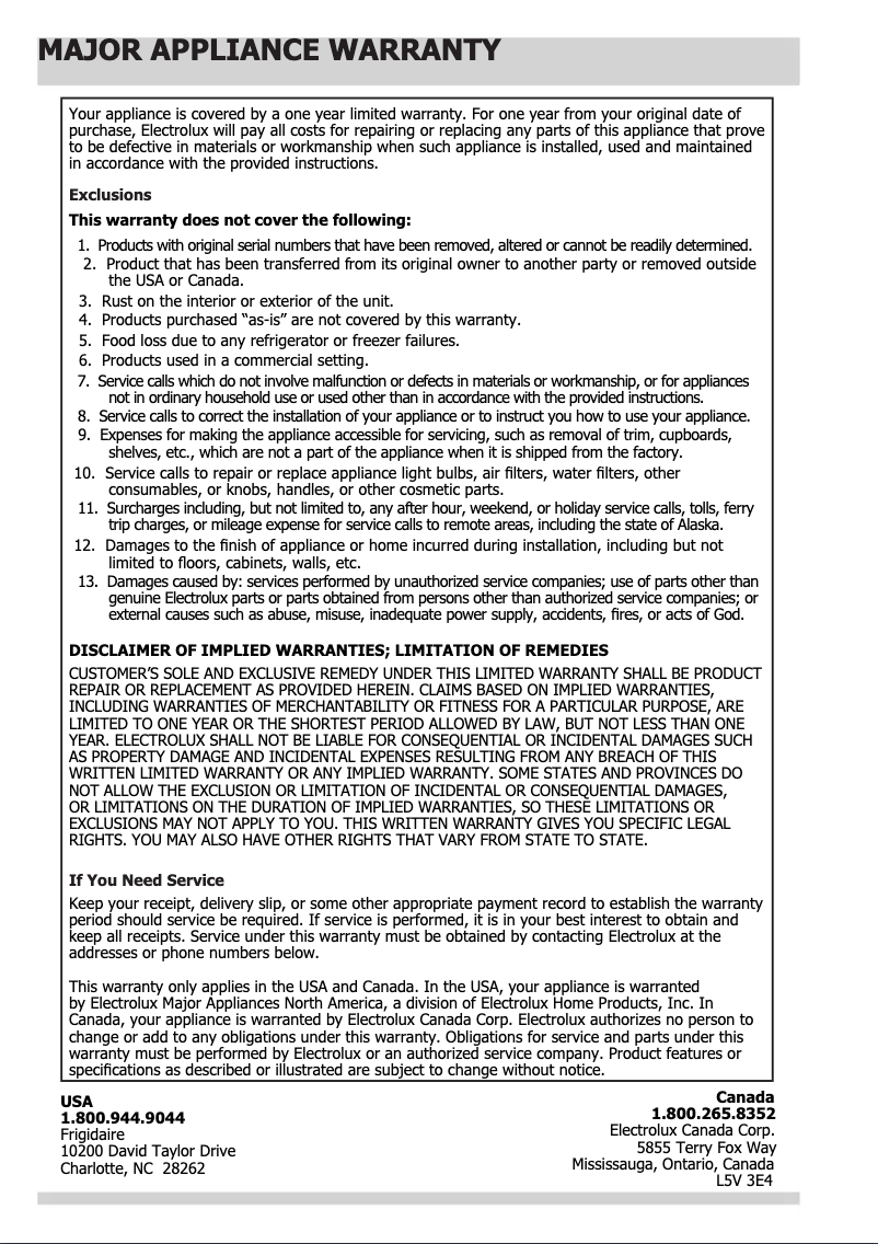 Page n°1 - Informations de garantie Frigidaire FGID2466QF