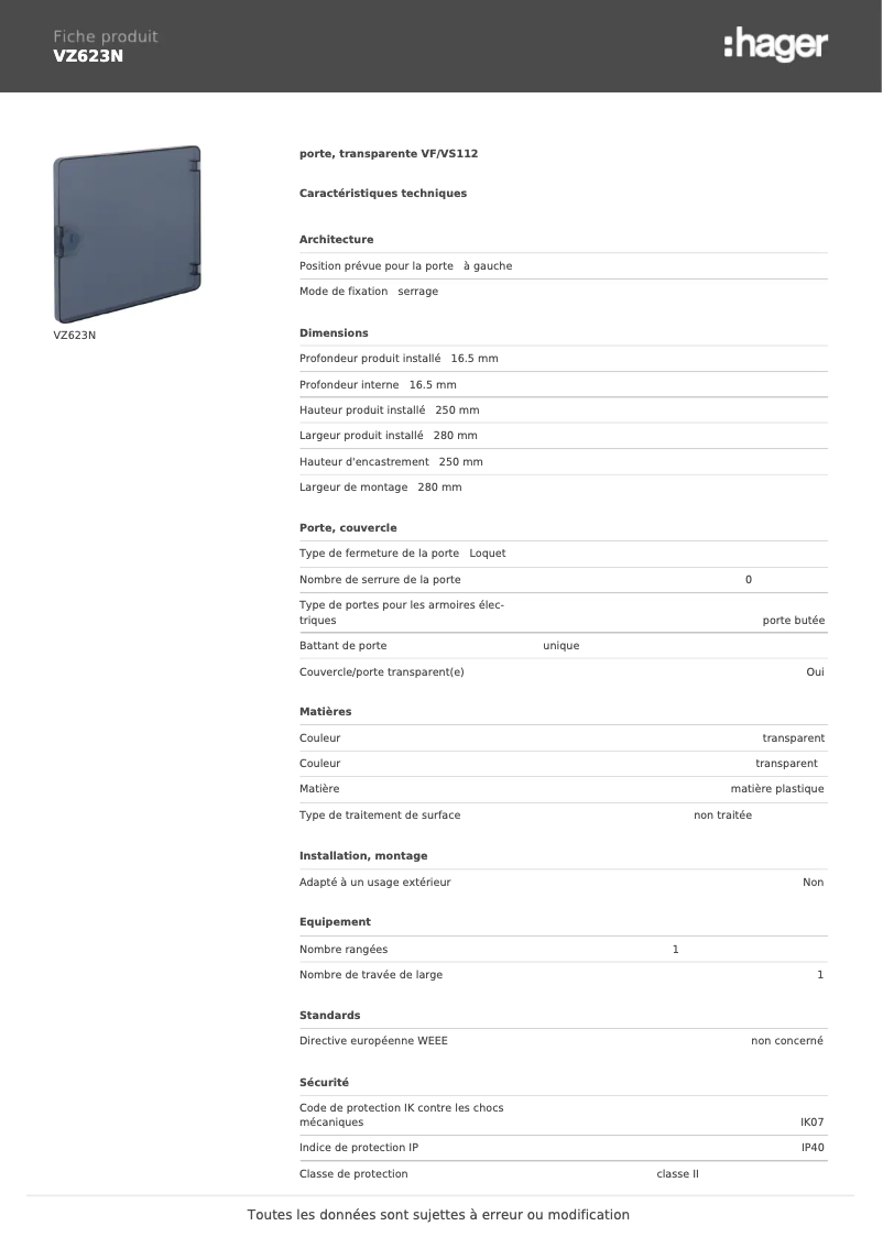 Page n°1 - Fiche technique Hager VZ623N