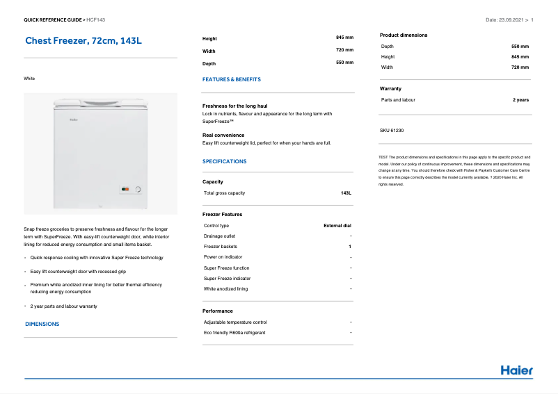 Page n°1 - Manuel utilisateur Haier HCF143