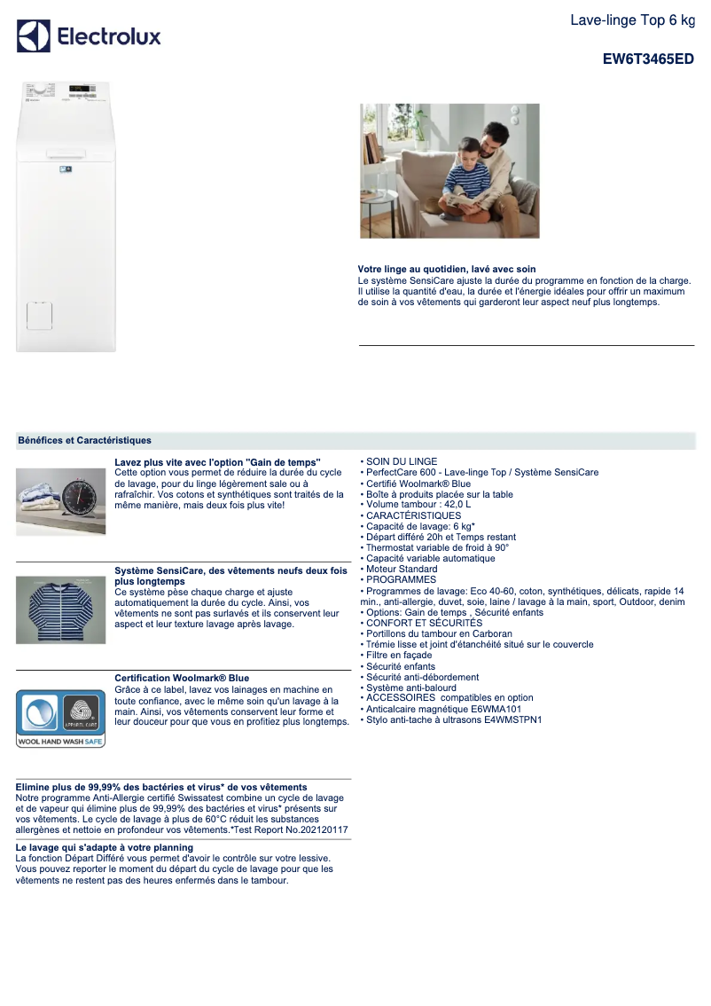 Page 1 de la notice Fiche technique Electrolux EW6T3465ED