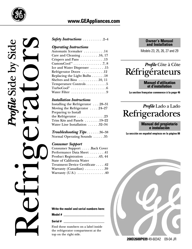 Page 1 de la notice Guide d'installation GE Profile Arctica CustomStyle PSI23SCLBS