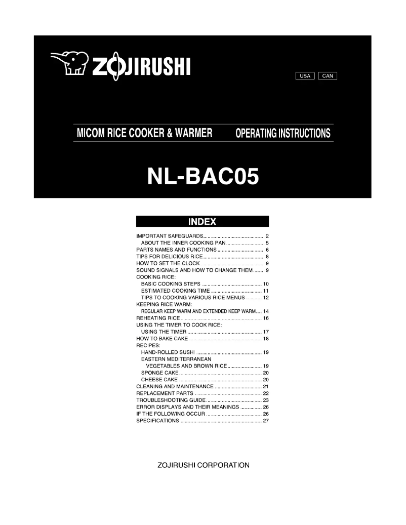 Page n°1 - Manuel utilisateur Zojirushi Micom NL-BAC05