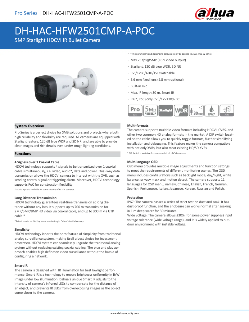 Page 1 de la notice Fiche technique Dahua Technology HAC-HFW2501CM-A-POC