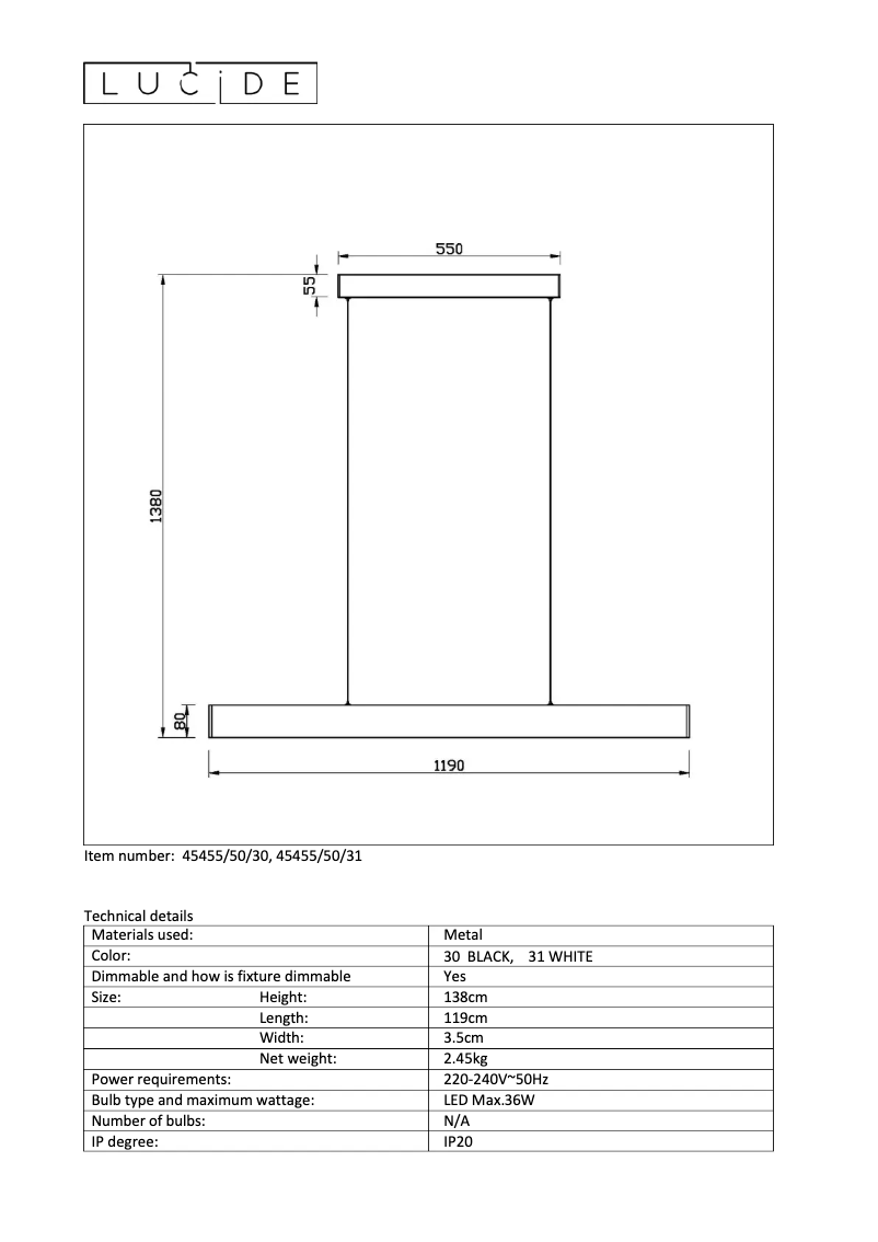 Page 1 de la notice Manuel utilisateur Lucide Raya led 45455/50/30