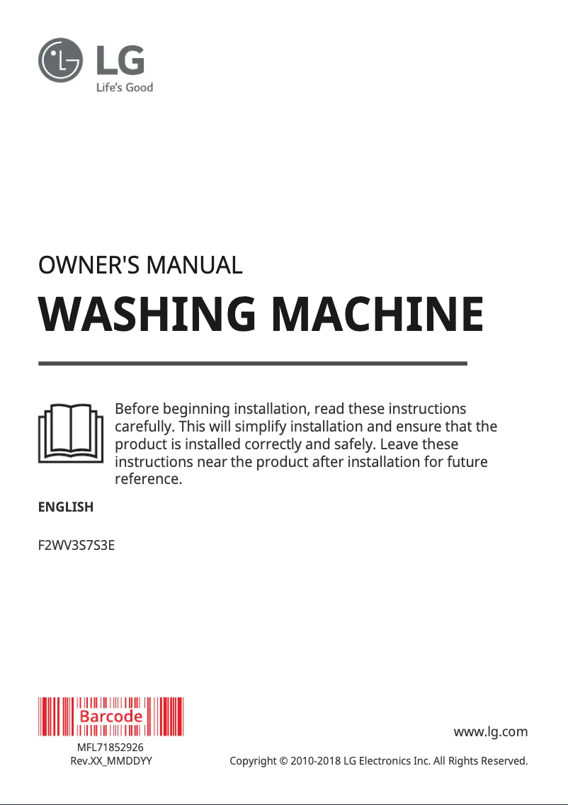 Page 1 de la notice Manuel utilisateur LG F2WV3S7S3E