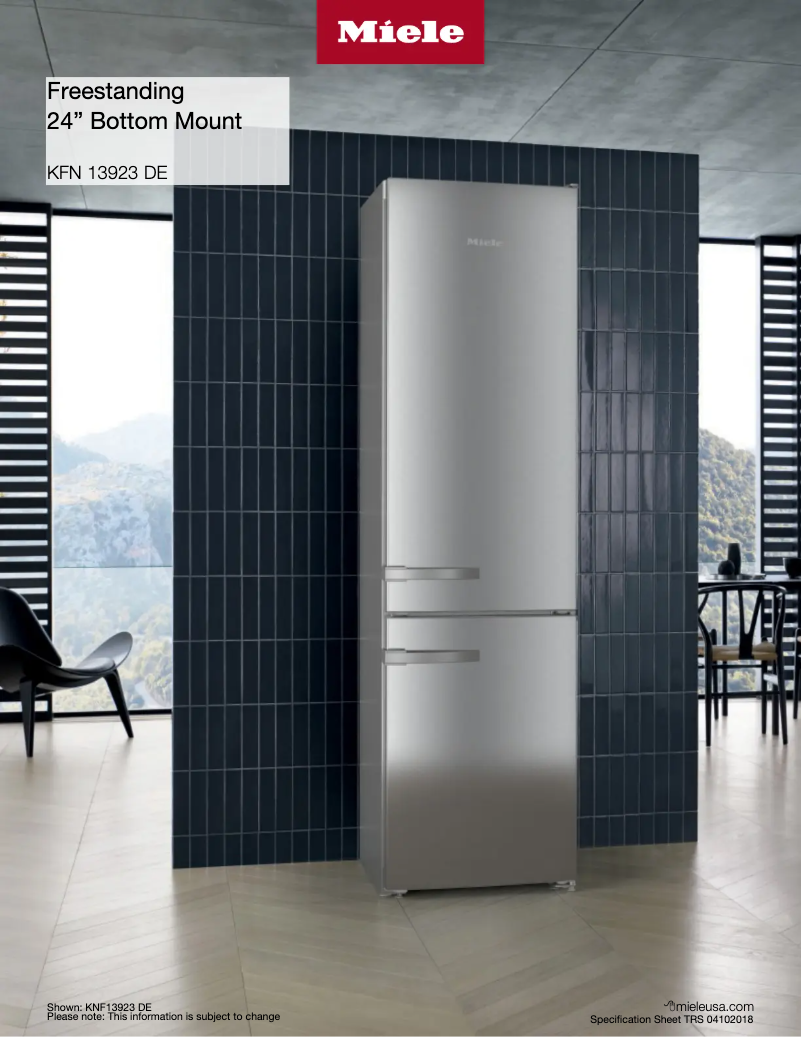 Page 1 de la notice Fiche technique Miele KFN 13923 DE