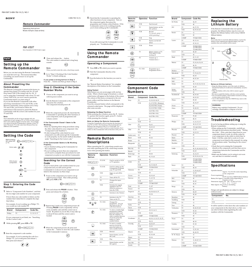 Page 1 de la notice Manuel utilisateur Sony RM-V50T