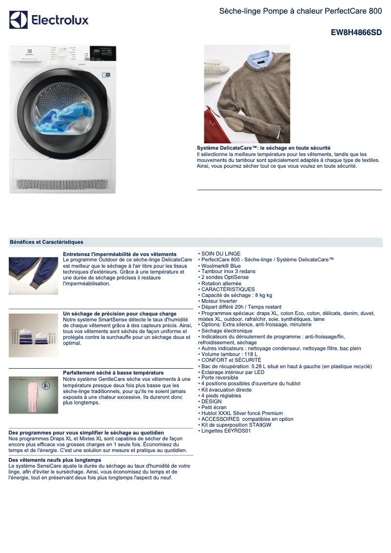 Page 1 de la notice Fiche technique Electrolux EW8H4866SD