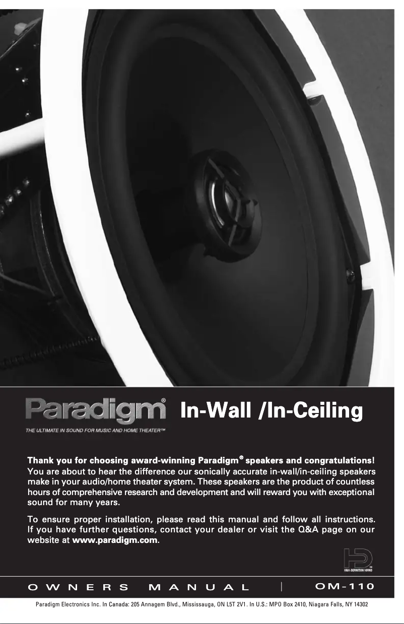 Page 1 de la notice Manuel utilisateur Paradigm PV-50R