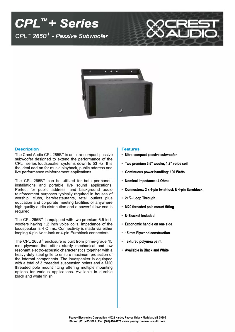 Page 1 de la notice Fiche technique Crest Audio CPL 265B+