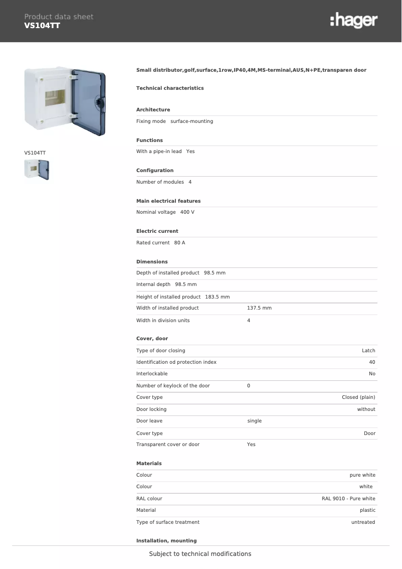 Page n°1 - Fiche technique Hager VS104TT