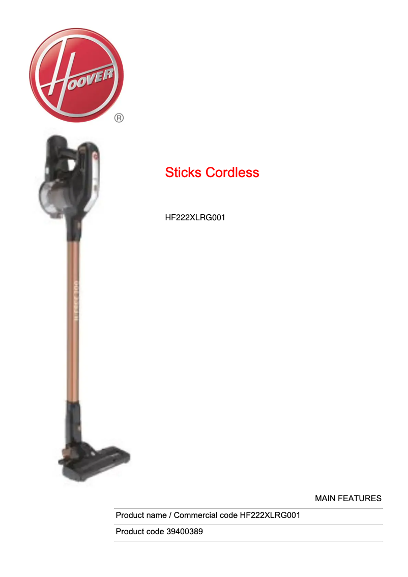 Page n°1 - Fiche technique Hoover H-FREE 200 HF222XLRG001
