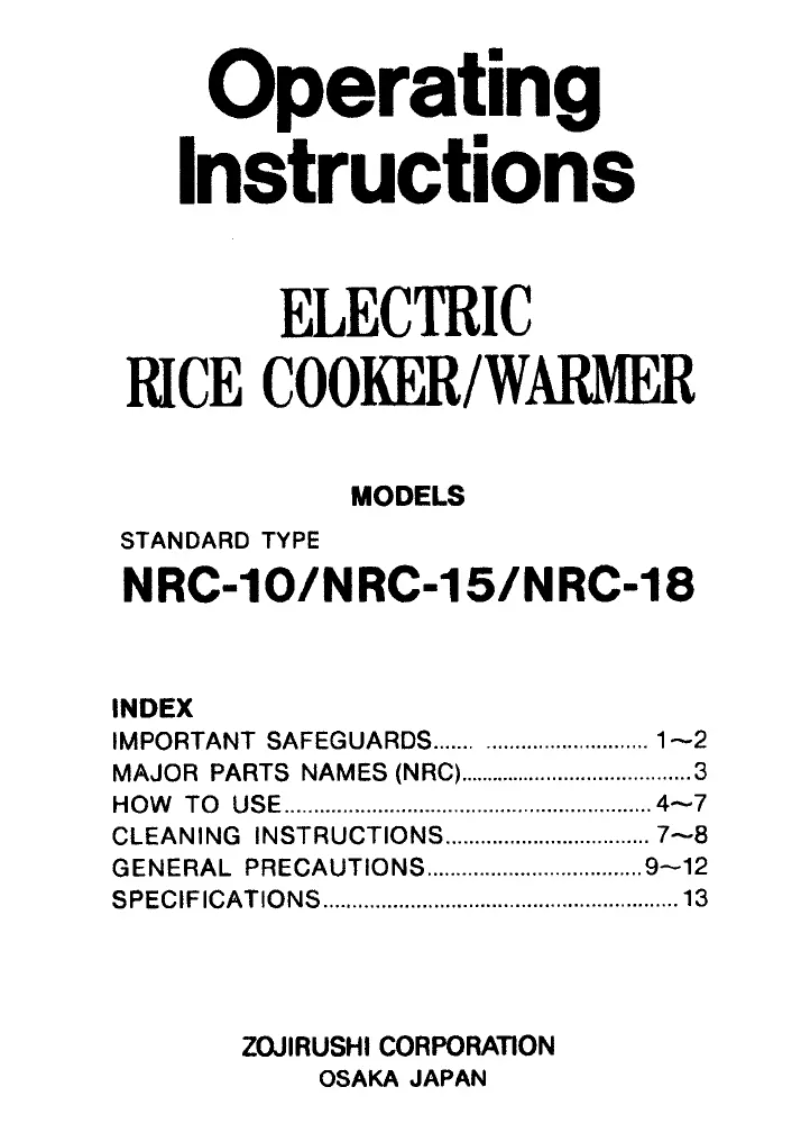 Page n°1 - Manuel utilisateur Zojirushi NRC-10