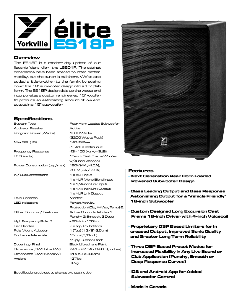 Page 1 de la notice Fiche technique Yorkville Elite ES18P