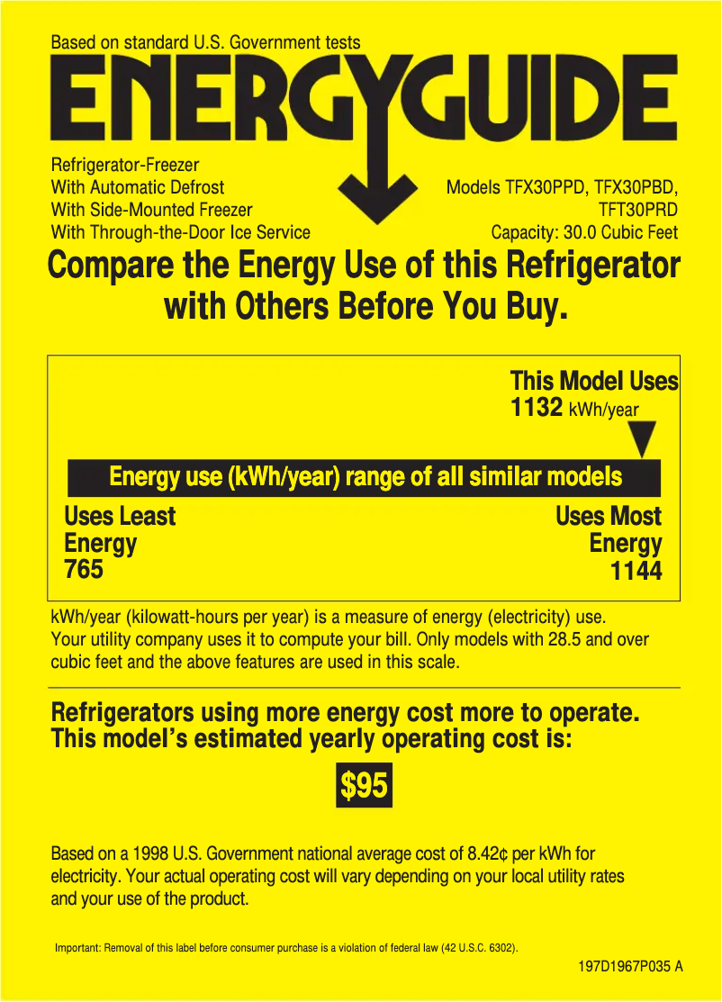 Page 1 de la notice Label énergétique GE Profile TFT30PRDAA