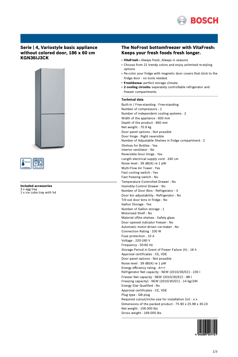 Page n°1 - Fiche technique Bosch KGN36IJ3CK