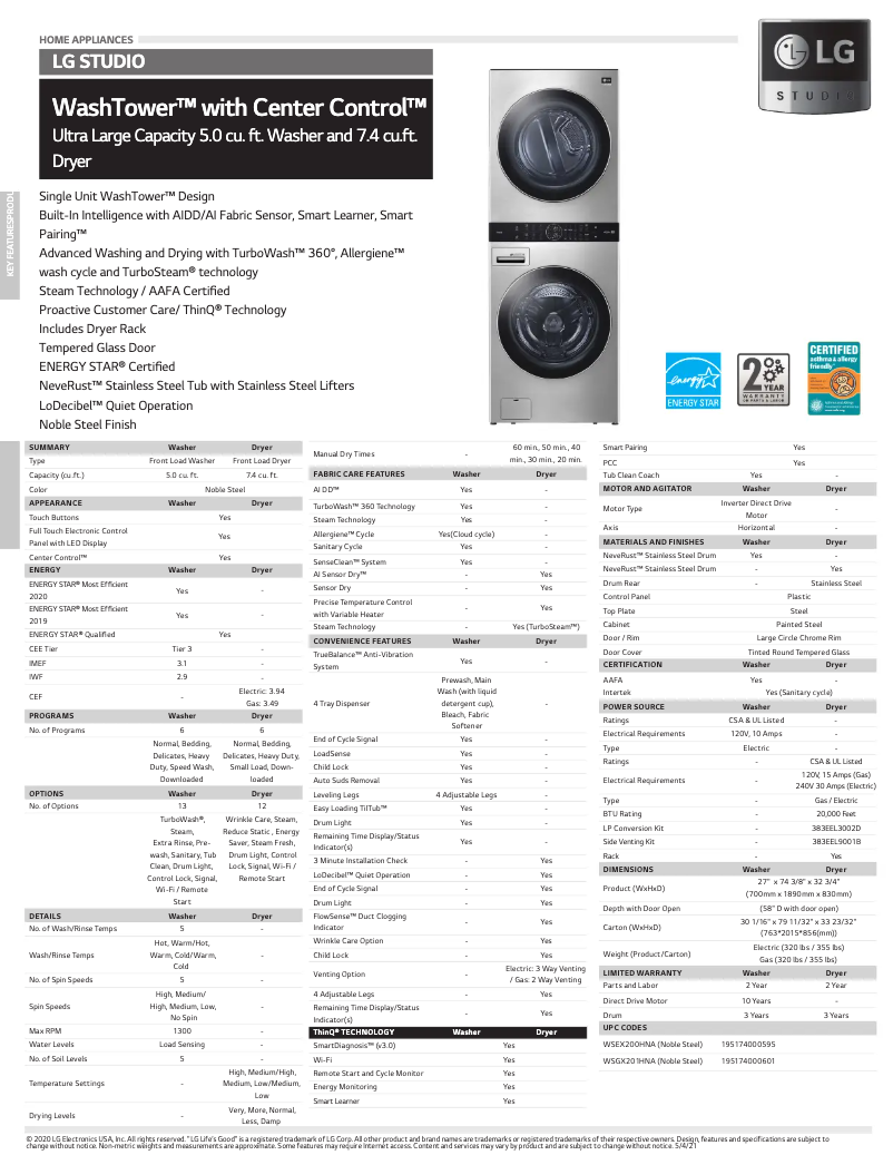 Página 1 del manual Ficha técnica LG WSEX200HNA