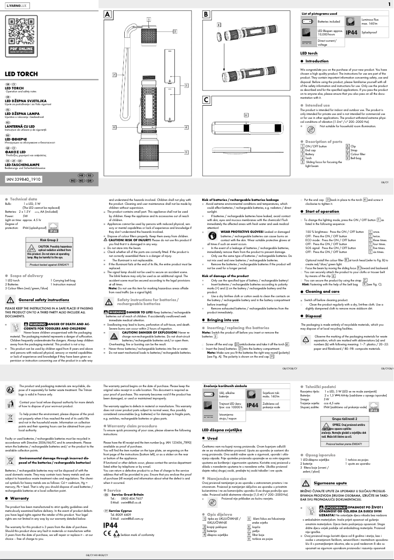 Page 1 de la notice Manuel utilisateur Livarno Lux IAN 339840