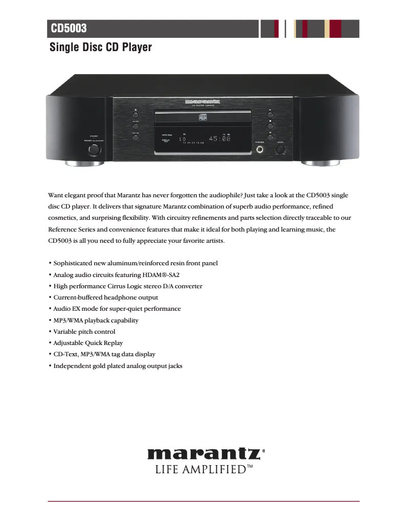 Page 1 of the manual Technical Sheet Marantz CD5003