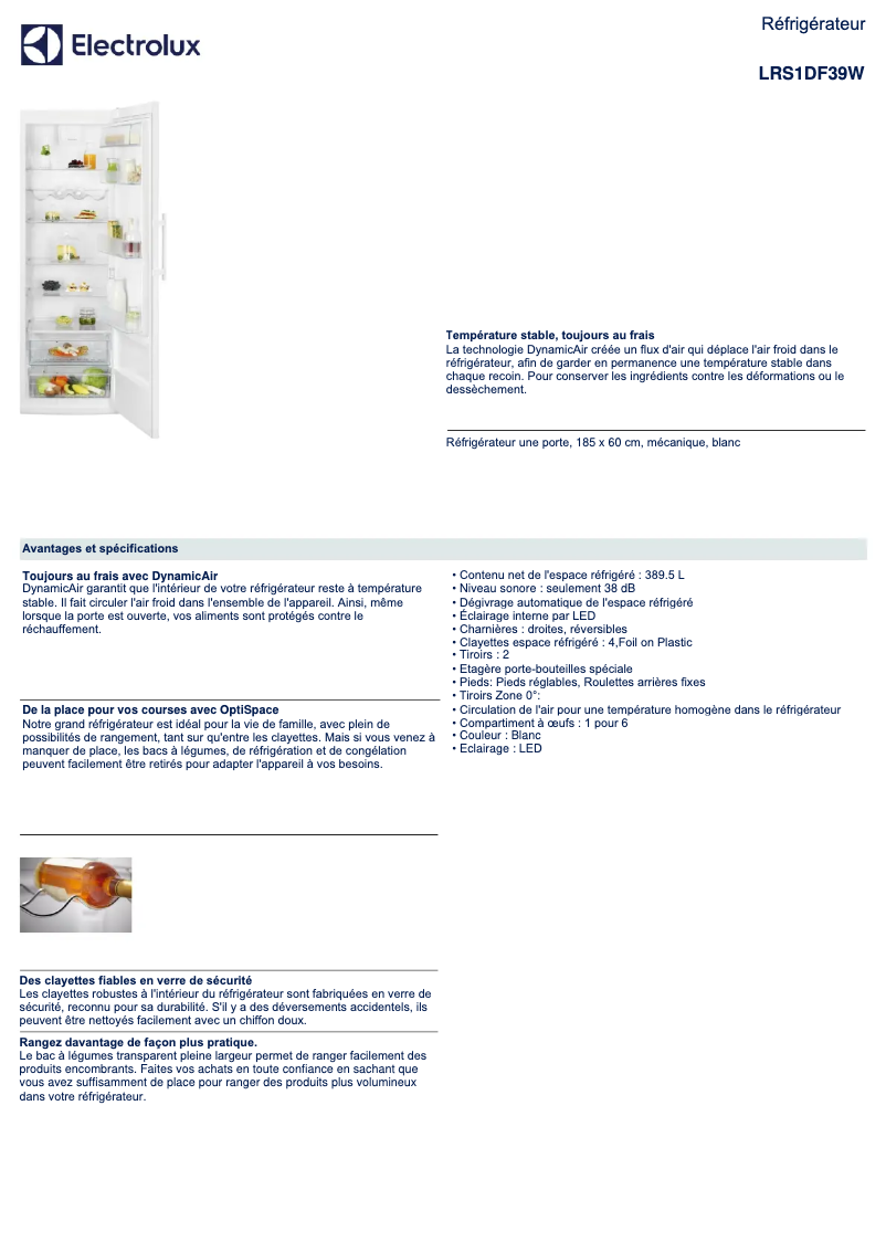 Page 1 de la notice Fiche technique Electrolux LRS1DF39W