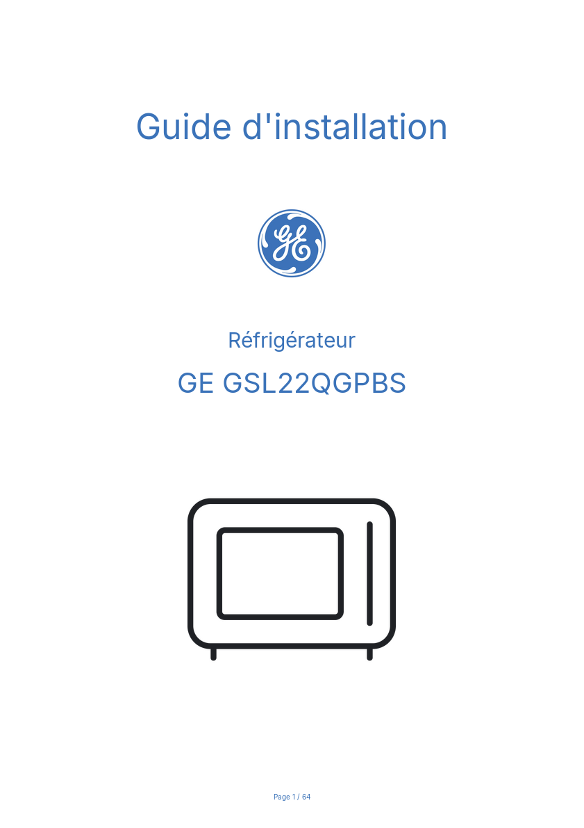 Page n°1 - Guide d'installation GE GSL22QGPBS