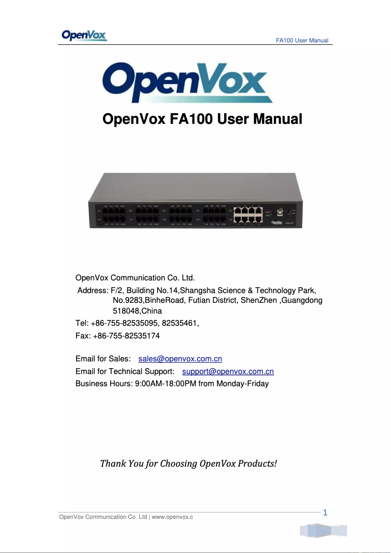 Page n°1 - Manuel utilisateur OpenVox FA100