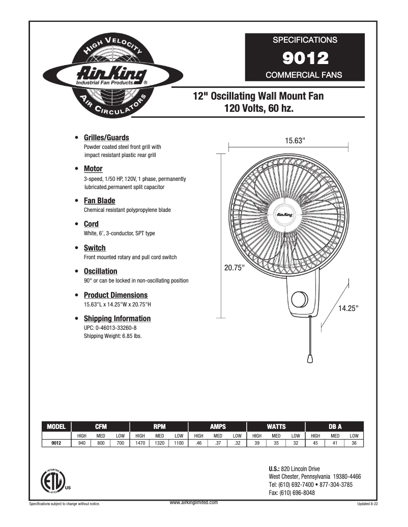 Page 1 de la notice Fiche technique Air King 9012