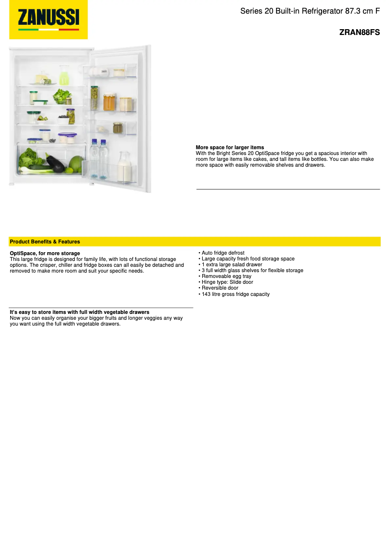 Page 1 de la notice Fiche technique Zanussi ZRAN88FS