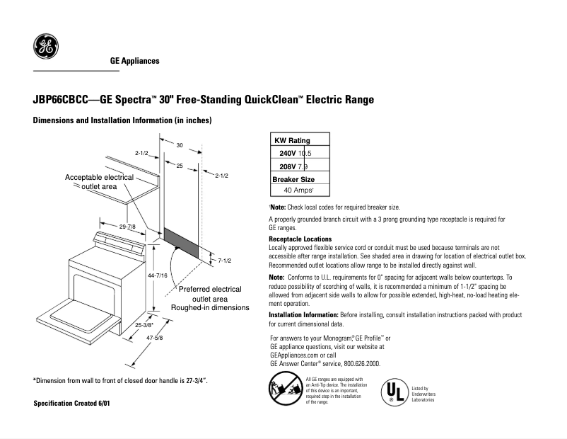 First page image of the manual for Spectra JBP66CBCC