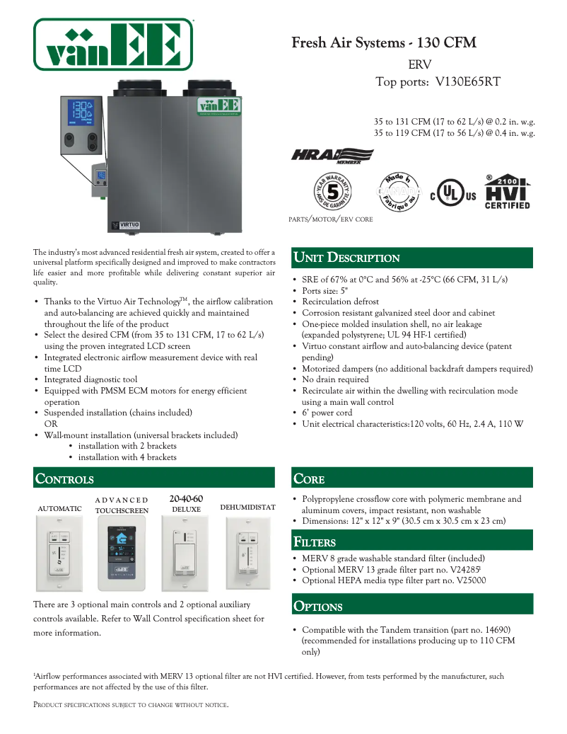 Page 1 de la notice Fiche technique vänEE V130E65RT
