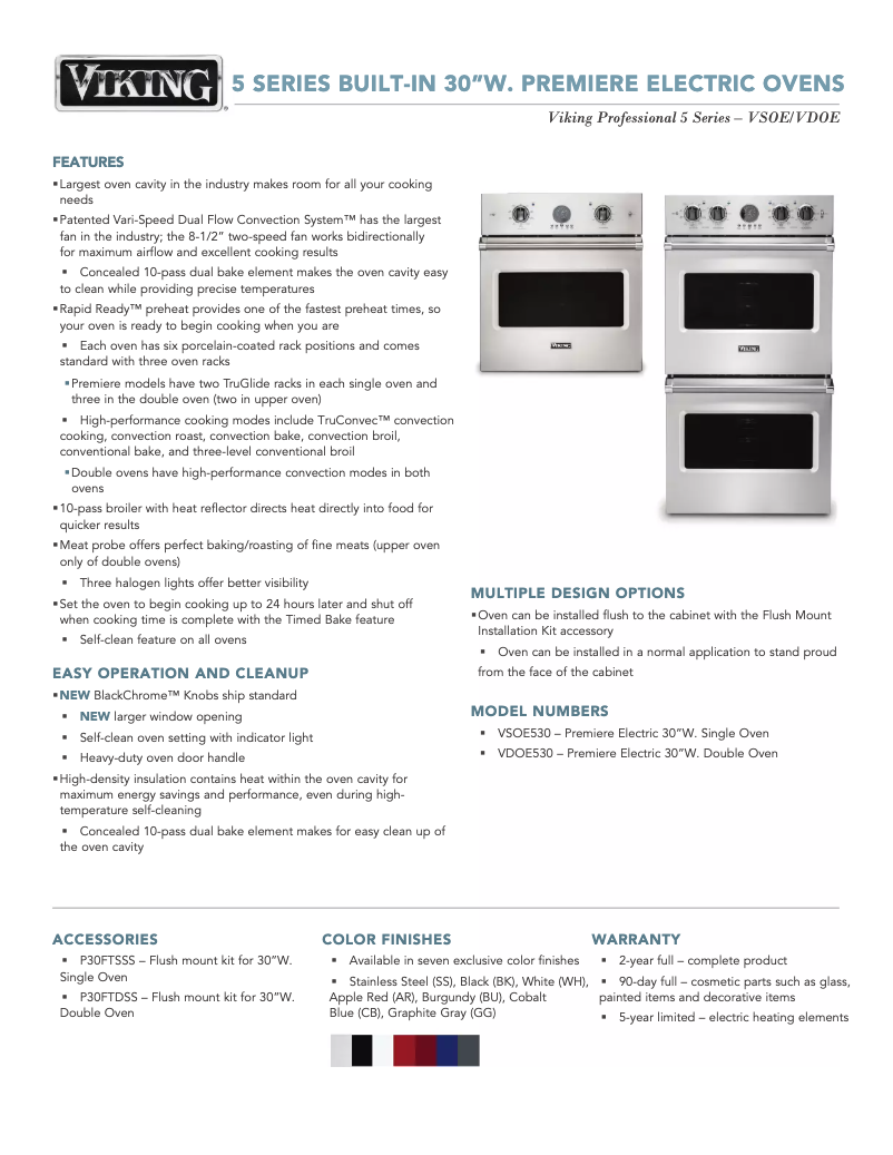 Page 1 de la notice Fiche technique Viking VDOE530WH