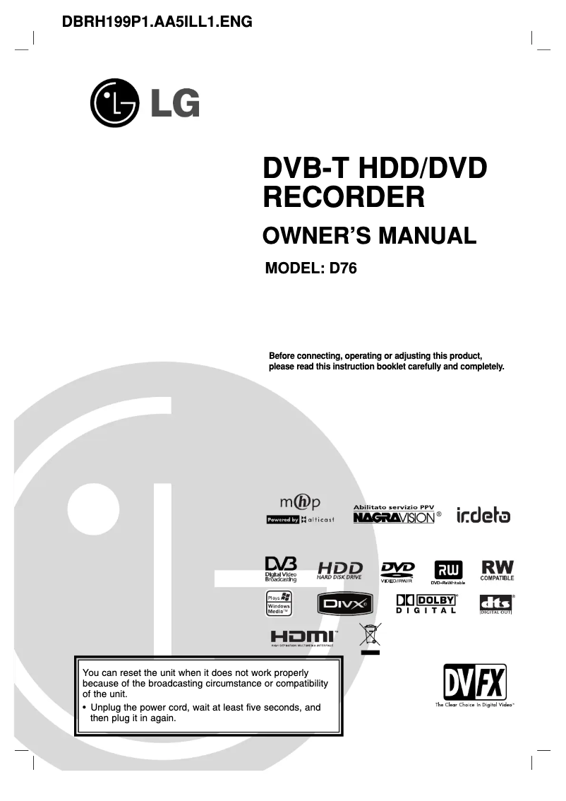 Page 1 de la notice Manuel utilisateur LG DBRH199P1