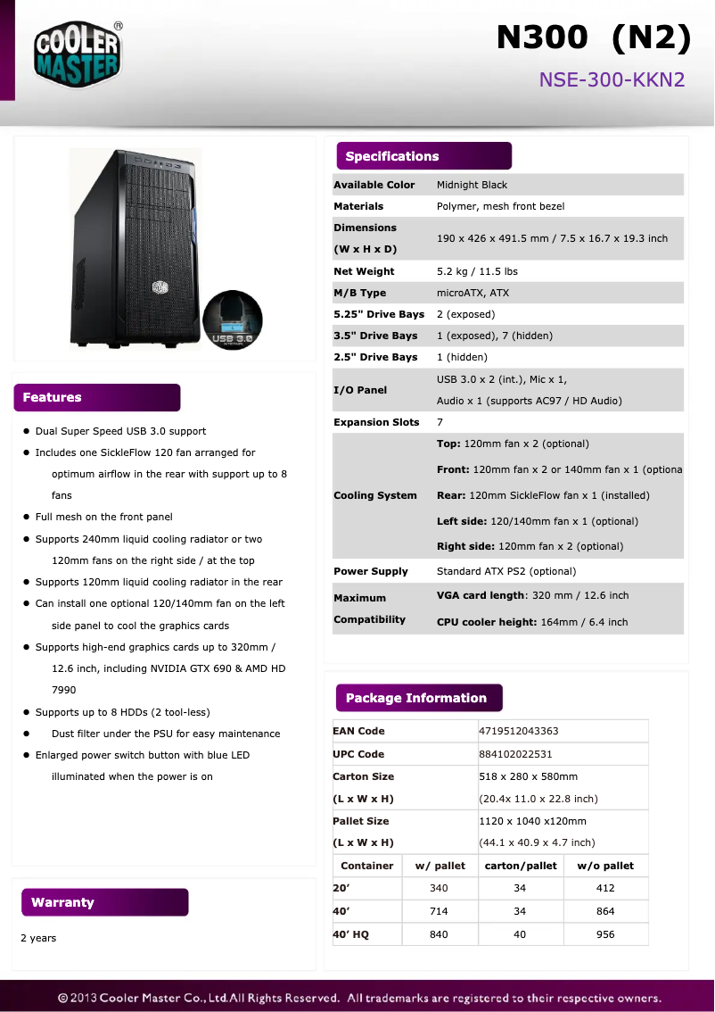 Page 1 de la notice Fiche technique Cooler Master N300