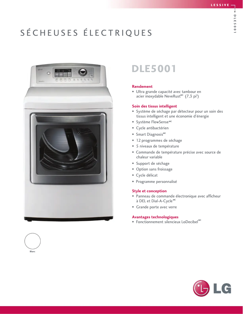 Page 1 de la notice Fiche technique LG DLE5001W