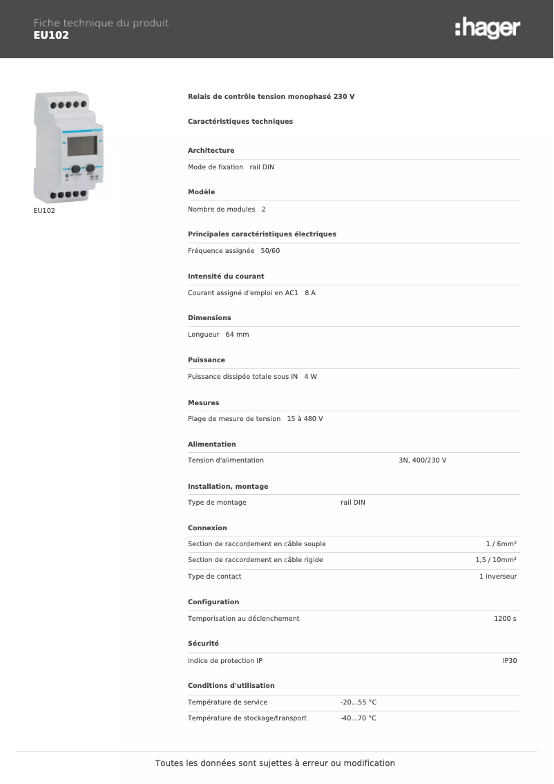 Page n°1 - Fiche technique Hager EU102