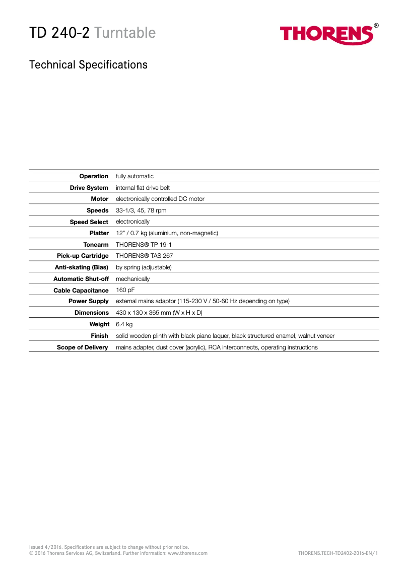 Page 1 de la notice Fiche technique Thorens TD 240-2