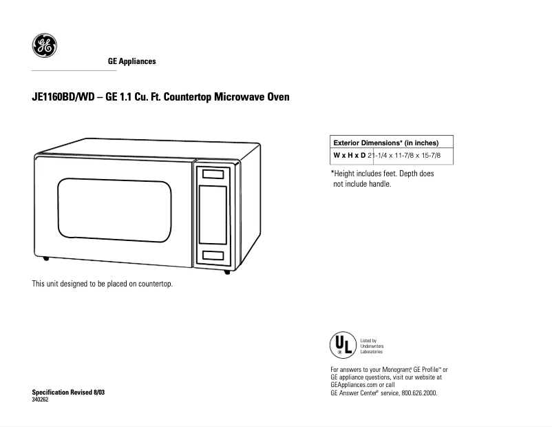 Page n°1 - Fiche technique GE Profile JE1160BC