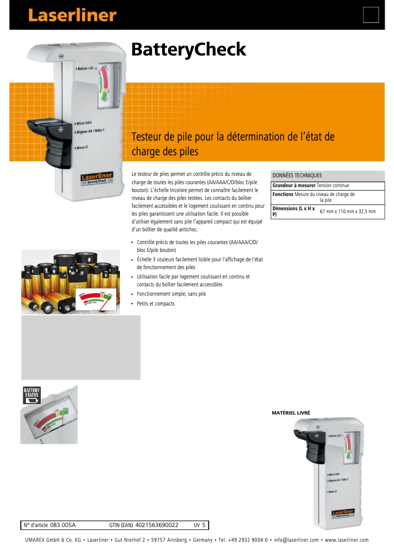 Página 1 del manual Ficha técnica Laserliner BatteryCheck