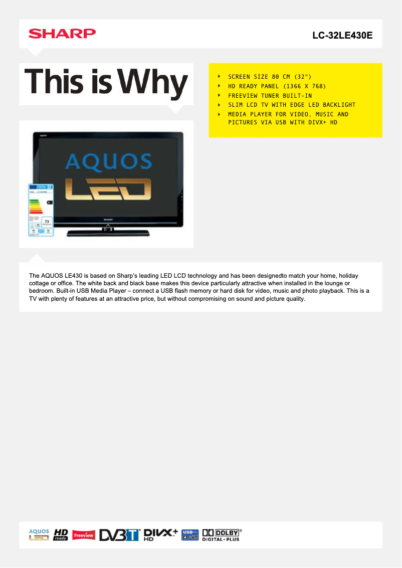 Page 1 de la notice Manuel utilisateur Sharp LC-32LE430E