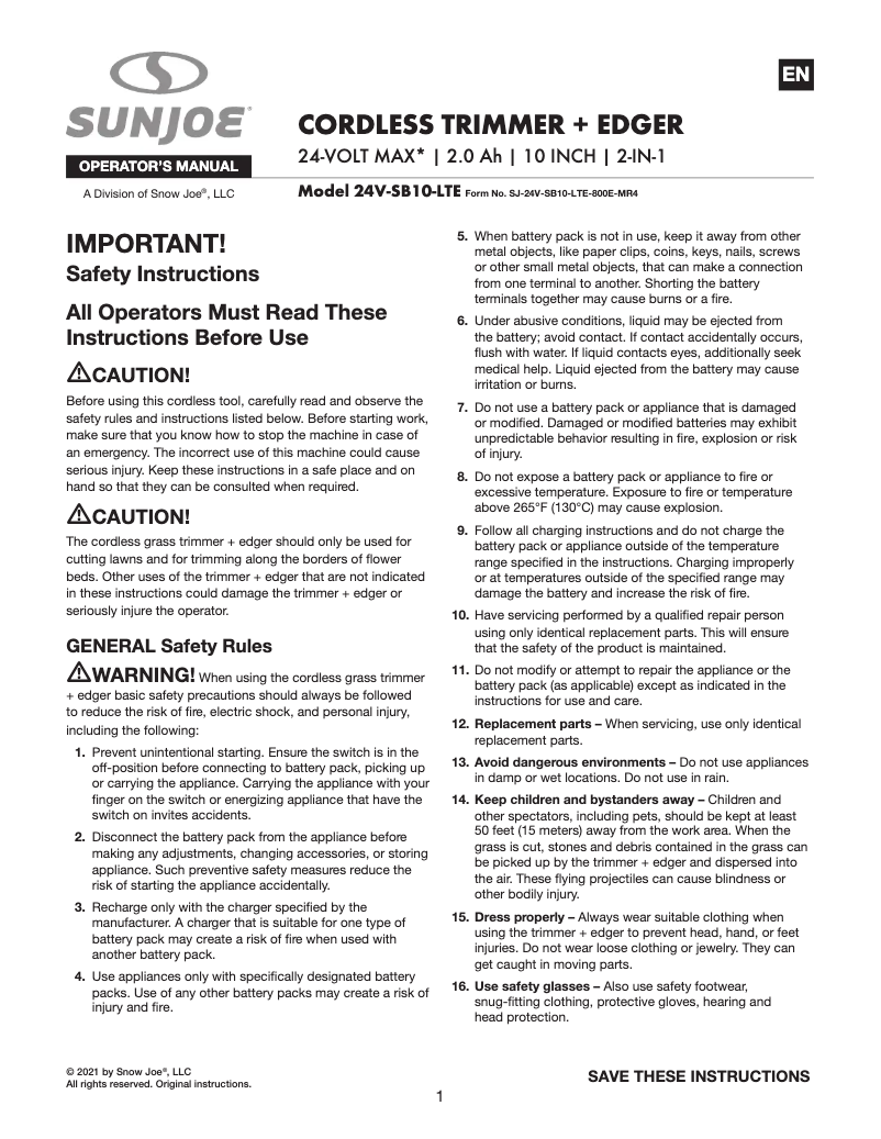 Page 1 de la notice Manuel utilisateur Sun Joe 24V-LAWN-BDL