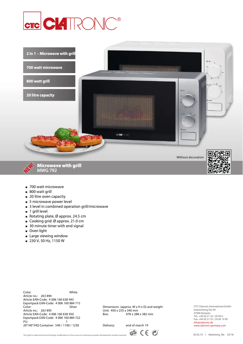 Página 1 del manual Ficha técnica Clatronic MWG 792