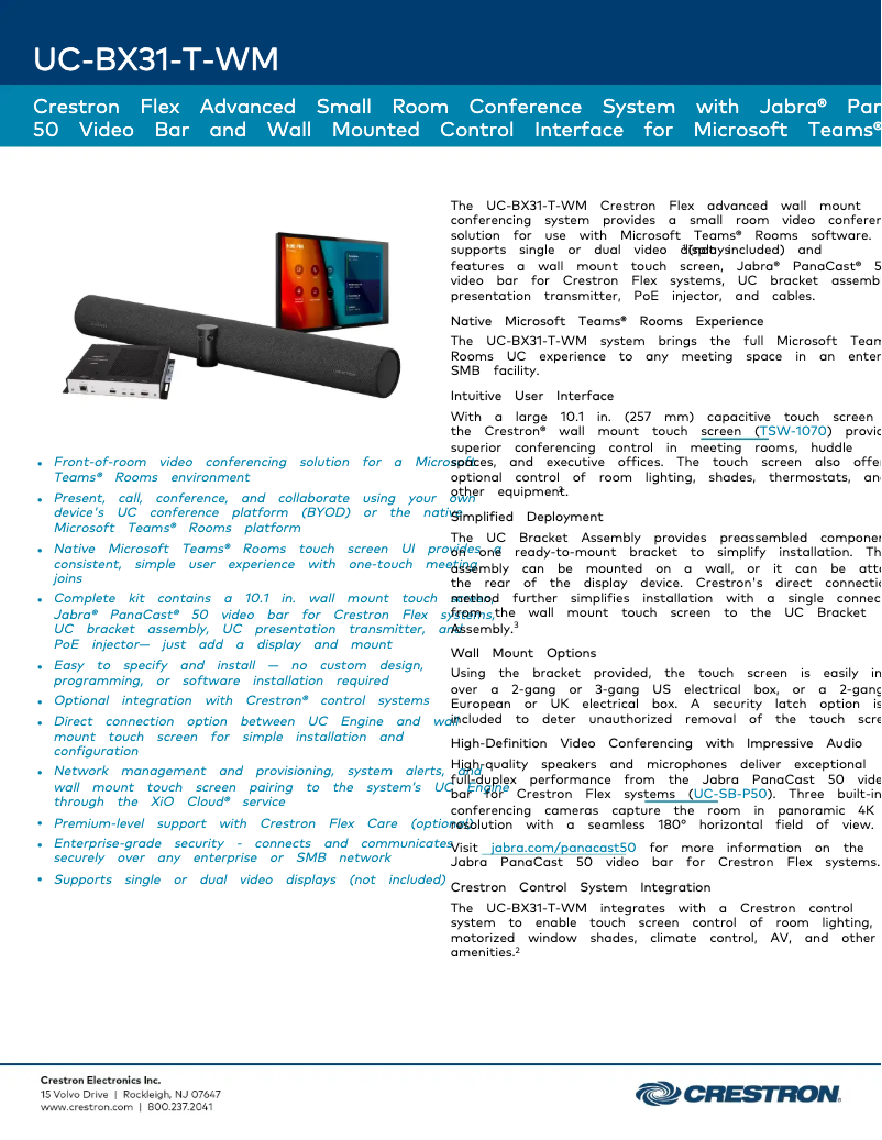 Page 1 of the manual Technical Sheet Crestron UC-BX31-T-WM