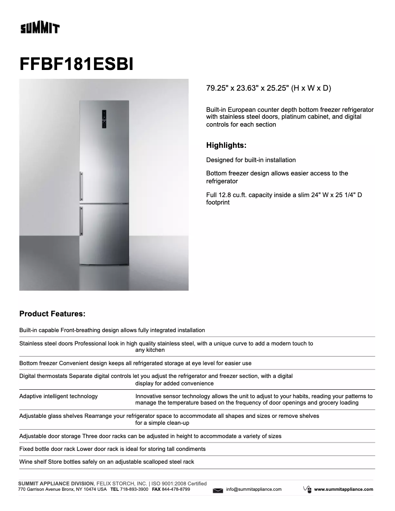 Page 1 de la notice Fiche technique Summit FFBF181