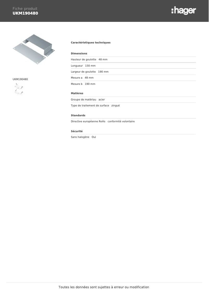 Page n°1 - Fiche technique Hager UKM190480
