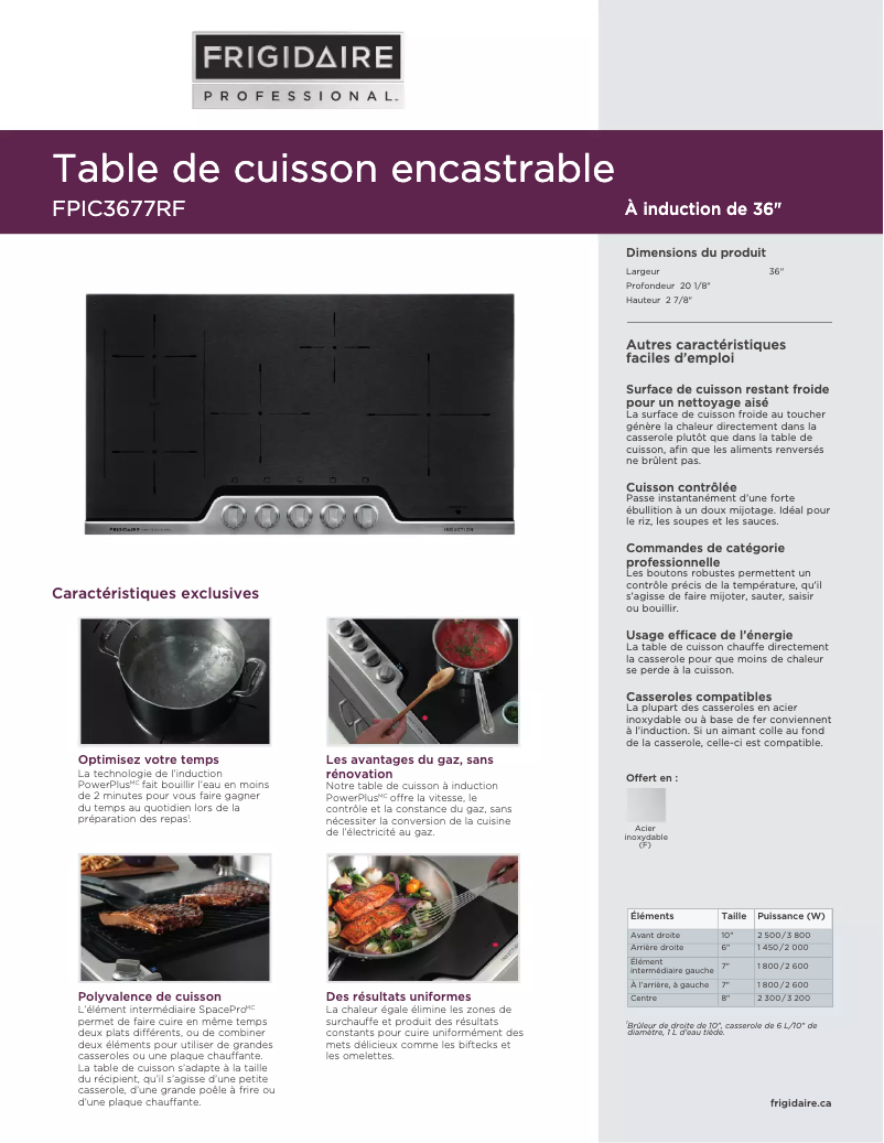 Page 1 de la notice Fiche technique Frigidaire FPIC3677RF