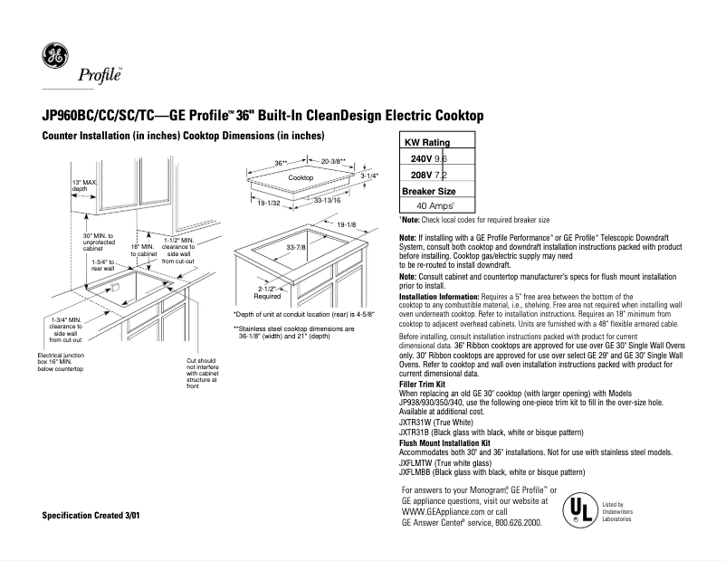 Page n°1 - Fiche technique GE Profile JP960KCCC