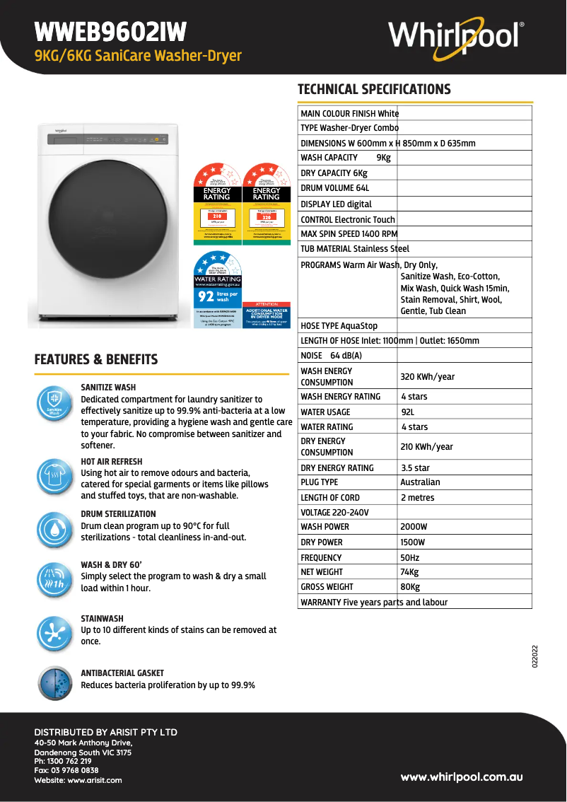 Page 1 de la notice Manuel utilisateur Whirlpool WWEB9602IW