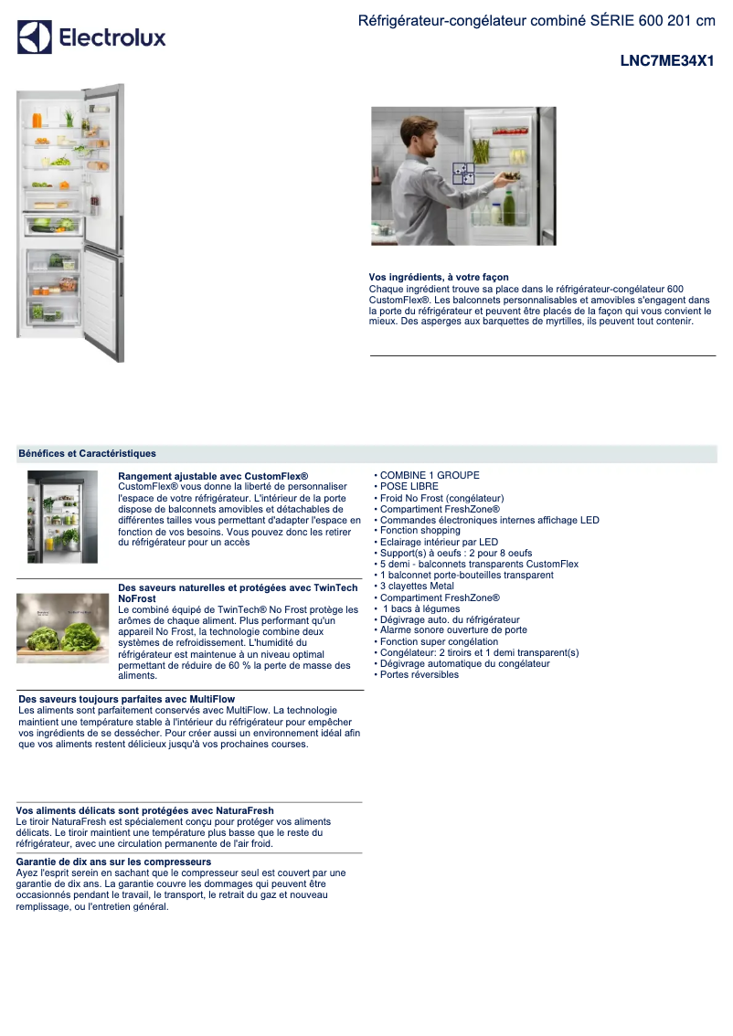 Page 1 de la notice Fiche technique Electrolux LNC7ME34X1