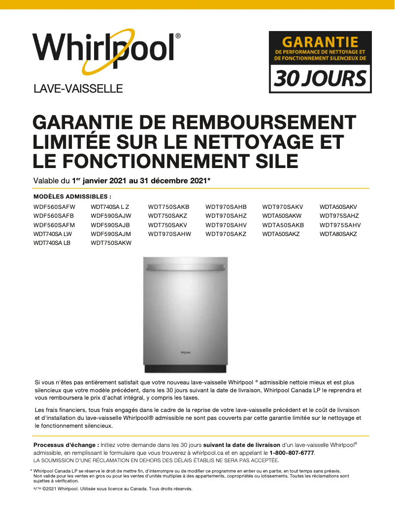 Page 1 de la notice Informations de garantie Whirlpool WDT740SALB