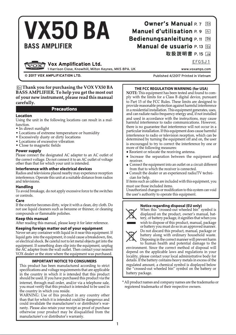 Página 1 del manual Manual de usuario VOX VX50 BA